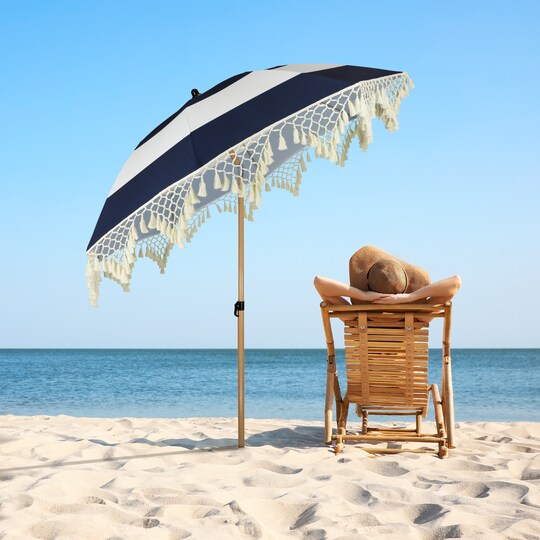 blue striped patio umbrella cheap Blissun 9' Outdoor Umbrella, Patio Umbrella, Outdoor Table Umbrella, Market with 8 Sturdy Ribs, Push Button Tilt and Crank (Blue & White Stripe) : Patio, Lawn & Garden providing instant shade on sunny days Best Choice Products 10ft Solar